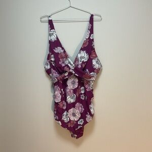 Fresh Water 2X Floral Women's One Piece Swim Suit Bodysuit - Purple and White